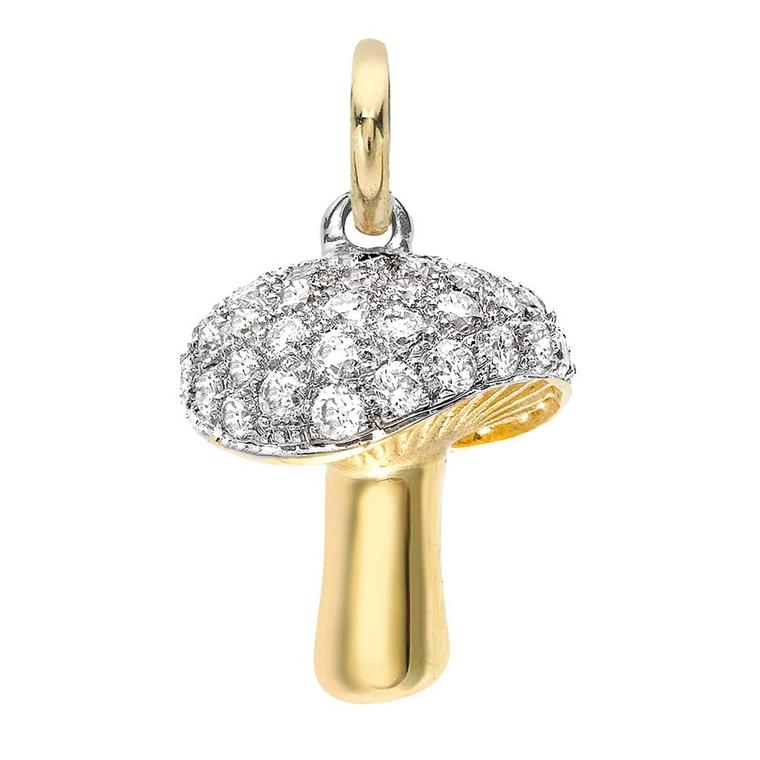 Yellow gold Asprey Mushroom Charm sprinkled with shimmering pavé diamonds.